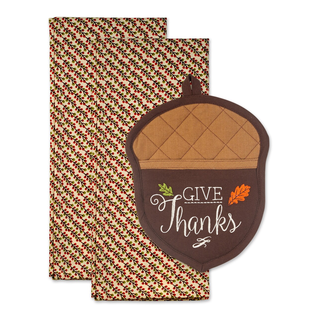 Contemporary Home Living Give Thanks Acorn Potholder and Dishtowel Set - 28" - Brown - Set of 3